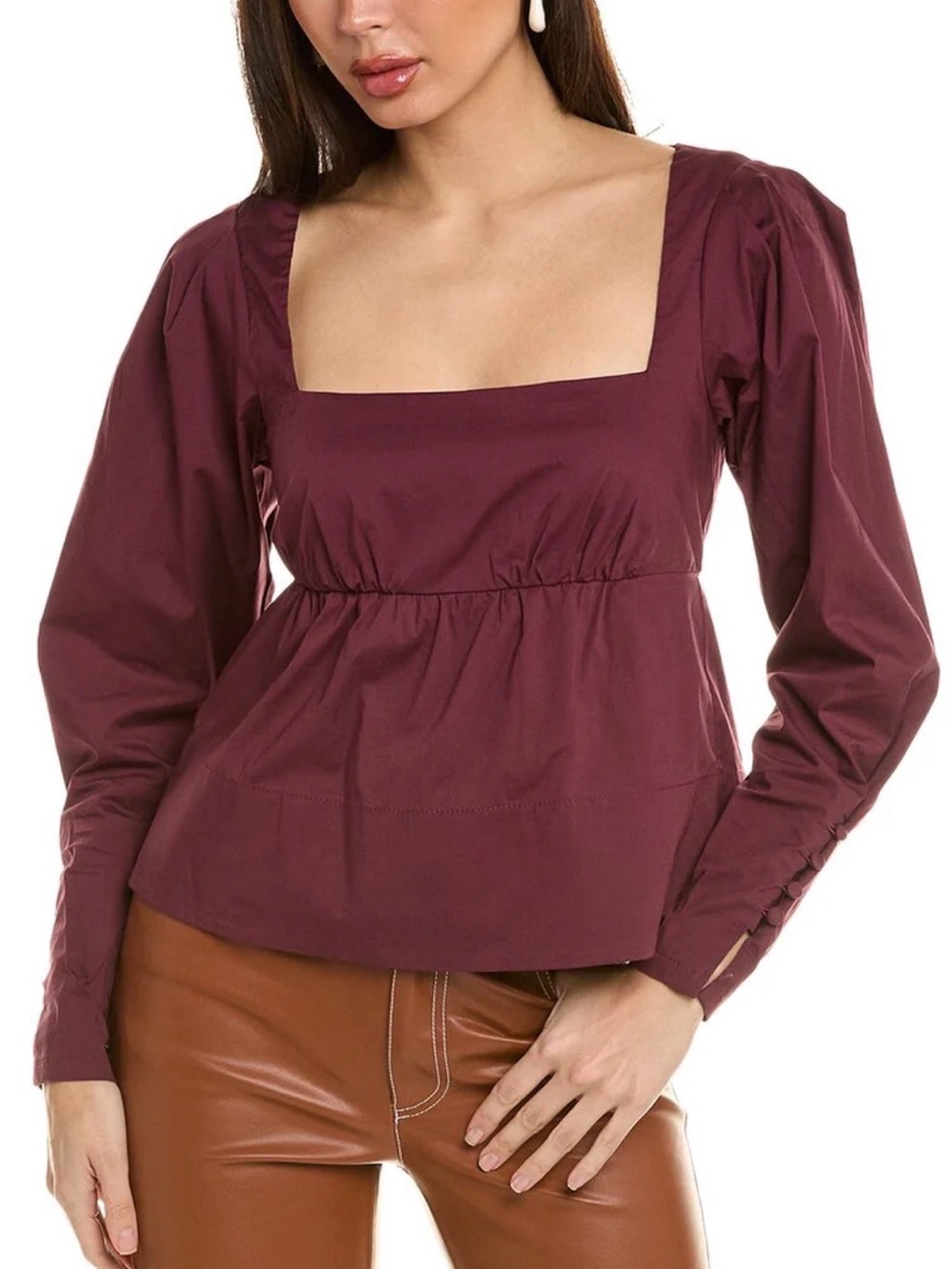 NWT STAUD Peggy Square Neck Long Sleeve Babydoll Top Wine Maroon Burgundy Sz XS